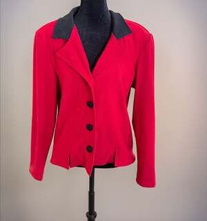 Vintage Expressions Red Blazer with Black Contrast Collar and Buttons Size 10